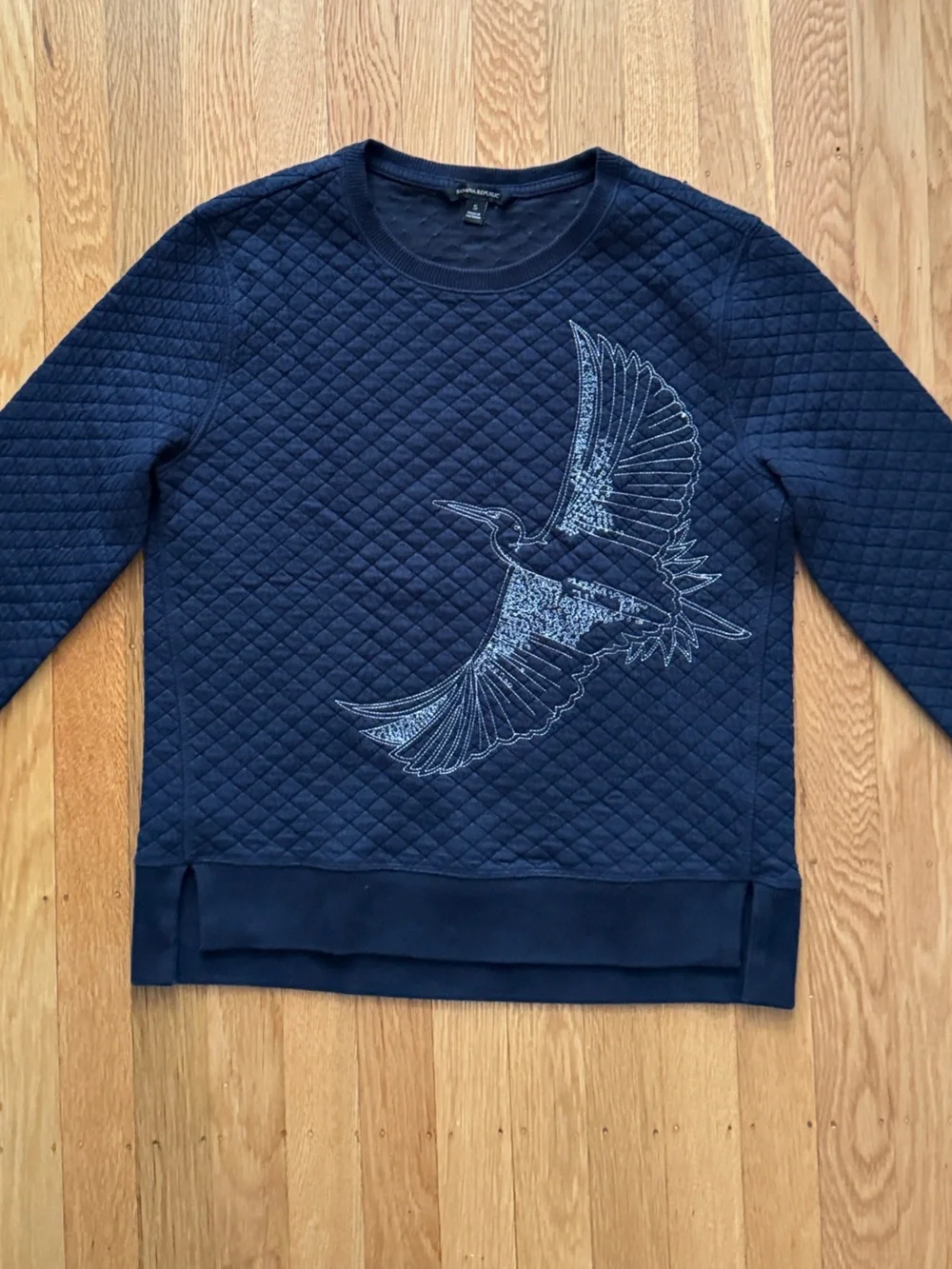 Banana Republic Navy Quilted Crewneck Sweatshirt with Bird Embroidery
